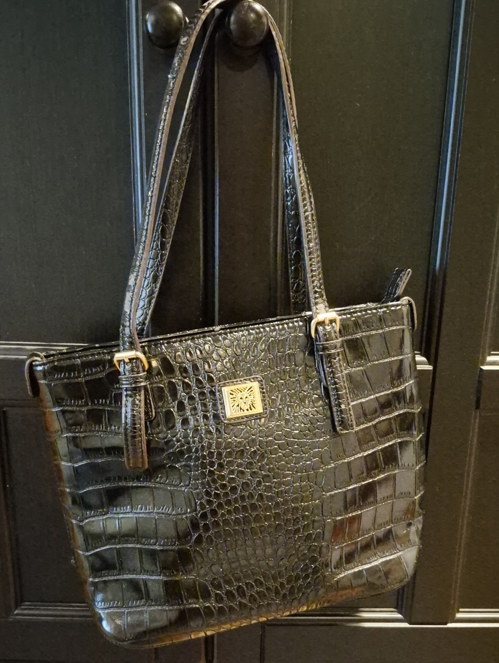 Anne Klein Black Croc-Embossed Tote with Gold Logo Accent